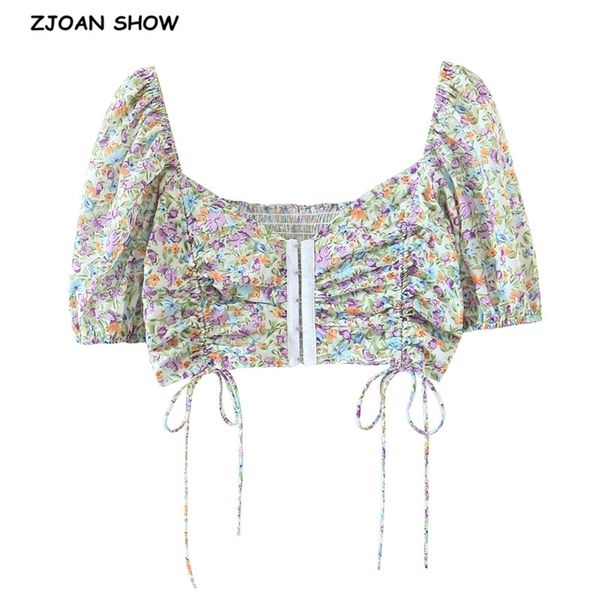 

pleated ruched adjust lacing up hook button floral tank women summer short sleeve square collar crop tees 210429, White