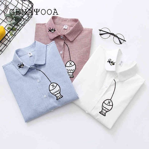 

genayooa white cotton long sleeve ladies shirts with embroidery blouse korean style striped shirt women 210417