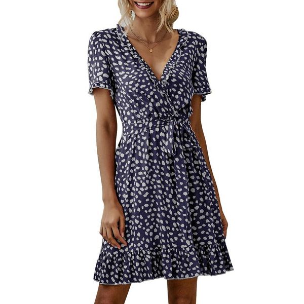 

casual dresses women tie-up ruffle dress, female spot print high waist v-neck short sleeve lettuce trim sweet leisurewear,s//l/xl, Black;gray