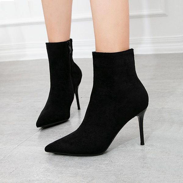 

boots pointed toe stiletto high heel of the autumn winter suede women's ladies nude and q14-77, Black