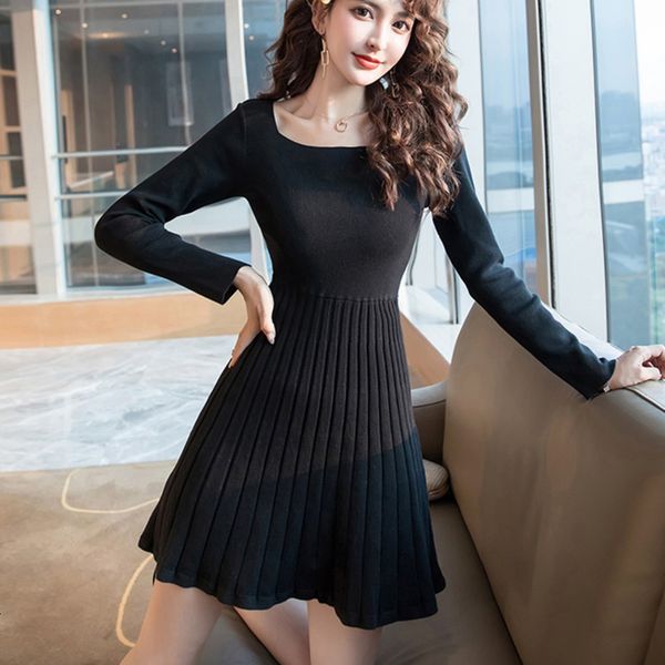 

dress long sleeve a-line slim waist pleated knitting women sweater korean dresses fashion christmas vestidos robe 7fmi, Black;gray