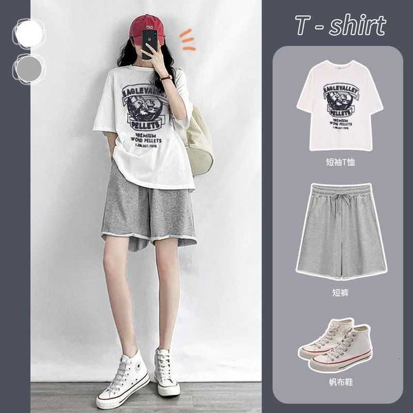 

women's t-shirt summer womens suit sports cotton casual fashion t-shirt high waist shorts 2 piece sets student fried street s caik, White