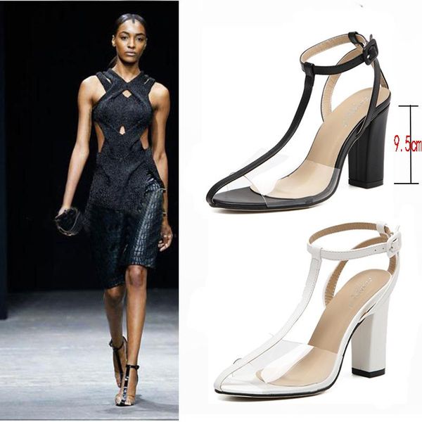 

transparent t-strap summer gladiator sandals thick high heels brief casual woman shoes european fashion all match sandalias 2021, Black