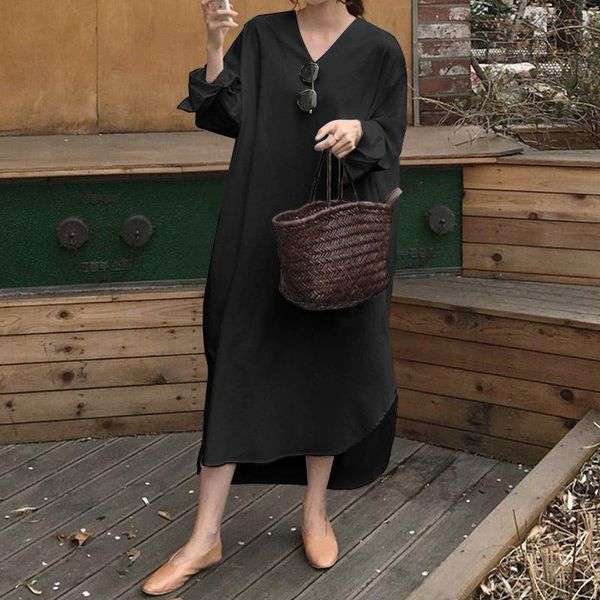 

casual dresses s-5xl women cotton long sleeve dress v neck side split holiday 2021 vonda loose sundress plus size vestidos, Black;gray
