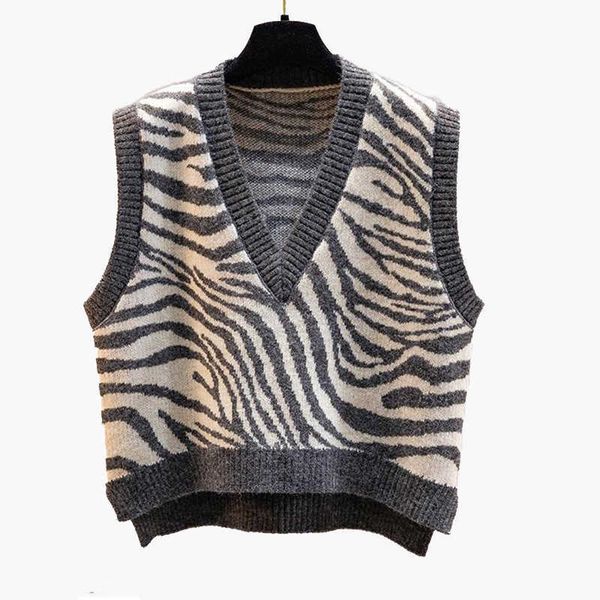 

waistcoat zebra pattern v-neck vest loose fashion v-neck women solid trendy sleeveless knitted 210531, Black;white