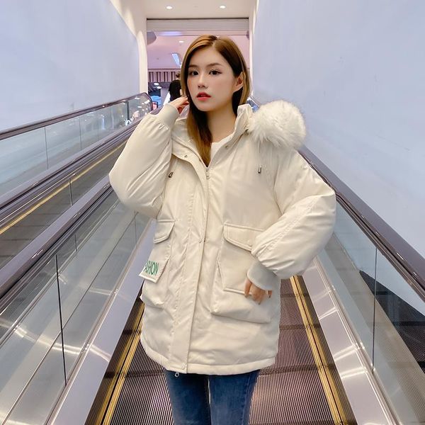 

women's down & parkas thick women's solid hooded with fur letter print ladies casual winter jacket wool liner zipper long sleeve ou, Black