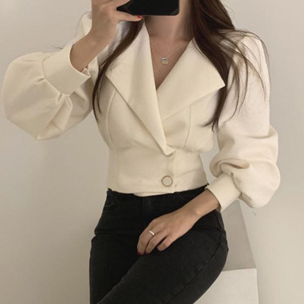 

women's suits & blazers korea ins puff sleeve short jacket female long-sleeved blazer & suit solid notched collar two button women, White;black