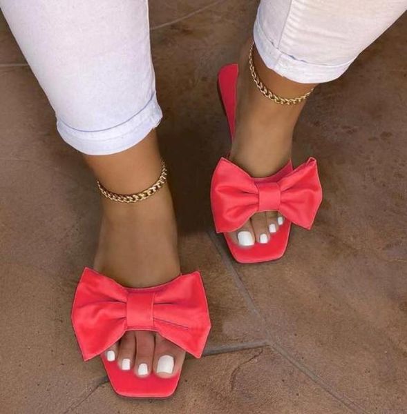 

slippers flat woman bow peep toe beach summer shoes candy color female slides causal plus size 43, Black