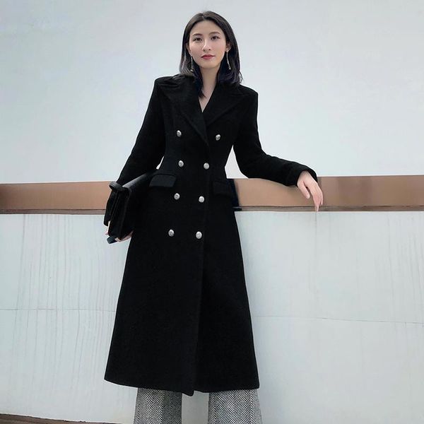 

women's wool & blends black woolen temperament coat mid-length autumn and winter slim slimming chic thick overcoat