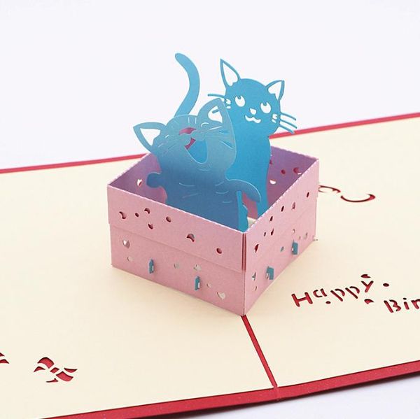2022 NEUE Katzen-Grußkarten für Geburtstagsfeiern, Gastgeschenke, Geburtstagsparty-Dekorationen, zwei Katzen für Kinder, Geschenk, Kunstpapier, 3D-Pop-up-Reet-Karte