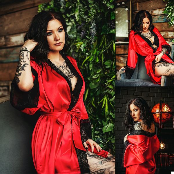 Frauen Nachtwäsche Kleider Robe Rot Schwarz Spitze Applikationen Bademantel Sexy Illusion Braut Abend Nachthemd