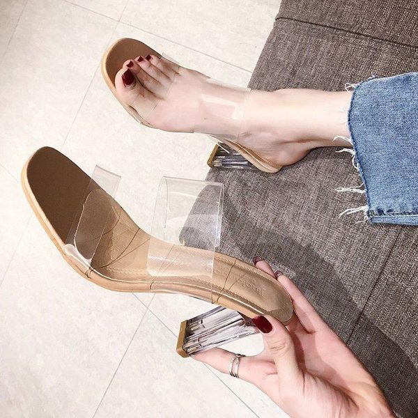 

transparent and stylish 2021 summer versatile chunky high-heeled pu women sandals, Black