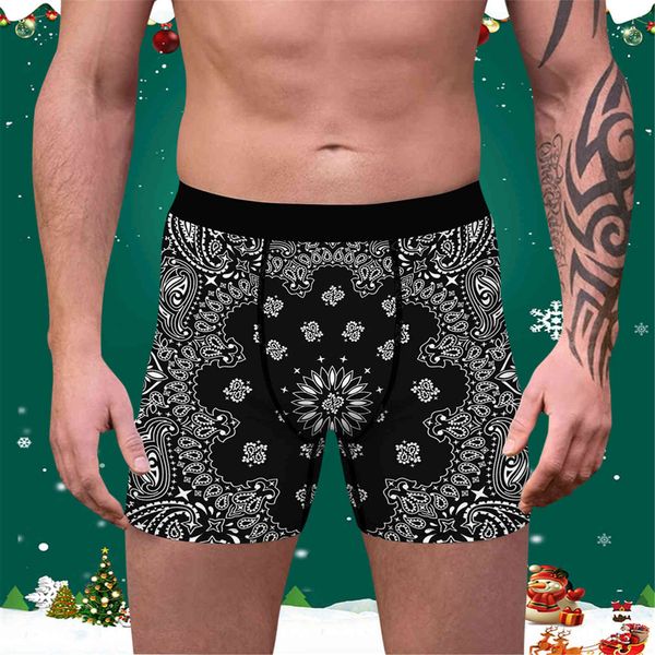 

boxer men's christmas print slim underwear breathable sports long flat boxershorts men cueca masculina, Black;white
