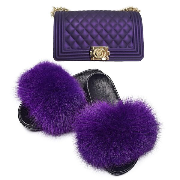 

wholesale fur fluffy fox fur sandals rainbow candy jelly purse handbag set fur slides and matching purse set, Black