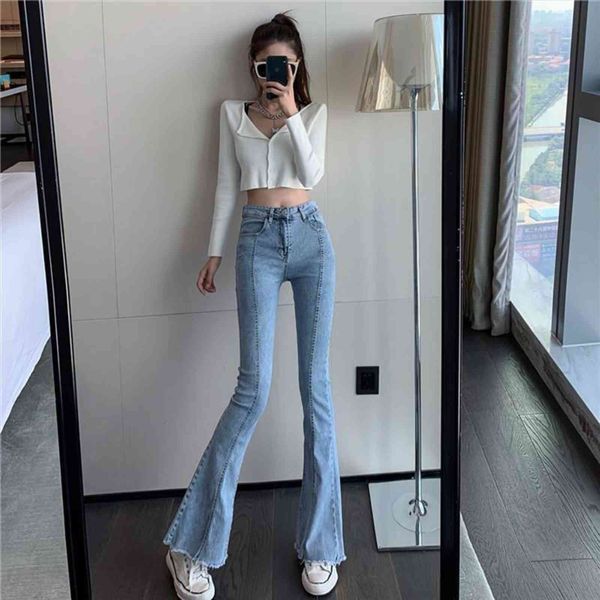 

trumpet casual flared denim women jean long pants high waist slim fishtail trousers streetwear, Blue