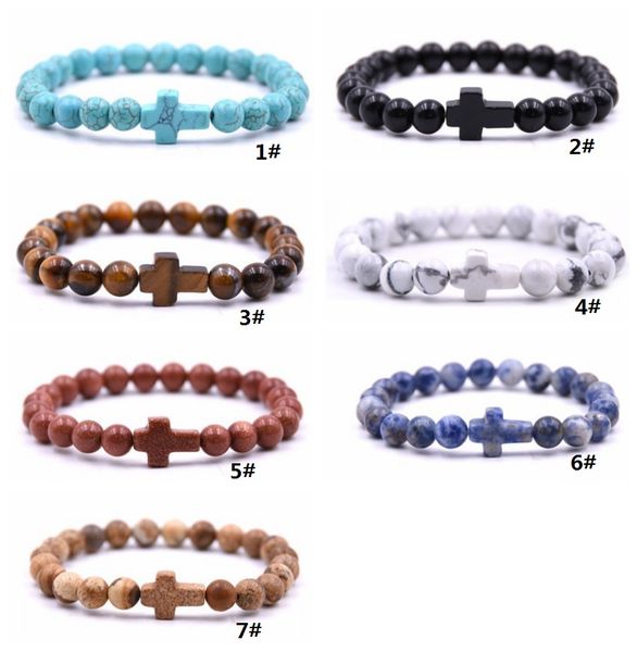 Bracciale con perline di pietra naturale a forma di croce da 8 mm, fili di tigre turchese, occhio di Buddha, gioielli yoga per donne e uomini