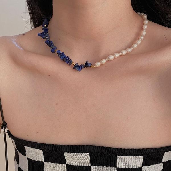 

chokers 2021 french vintage asymmetric blue natural irregular stone pearl clavicle chain necklace for women aesthetic jewelry, Golden;silver