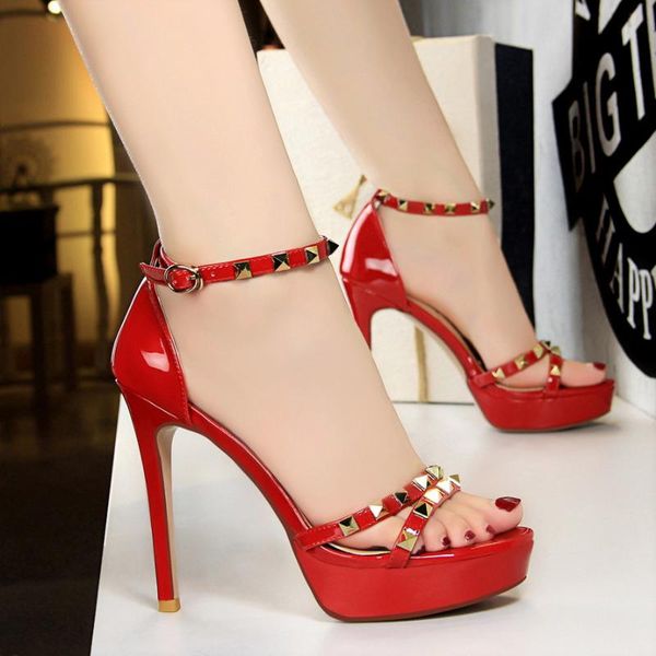 

fashion summer women's shoes high heels 11.5cm open toe shallow women sandals rivet female pumps 6 colors 34--43 oulyyyogo, Black