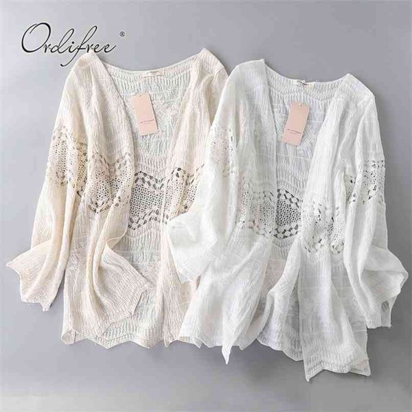 

summer women blouse shirt long sleeve transparent white lace beach 210513