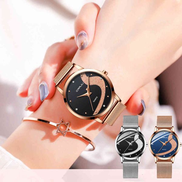 Women Watch Crrju моды роскошные алмазные часы женские платья Galaxy Mesh браслет водонепроницаемый кварцевый часы Relogio Feminino 210517