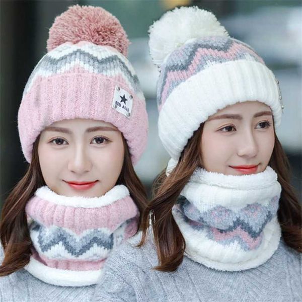 

winter hat for women 2pcs set knitted beanie girls ladies wool scarf caps thick warm skullies beanies female pom pom cap 211119, Blue;gray