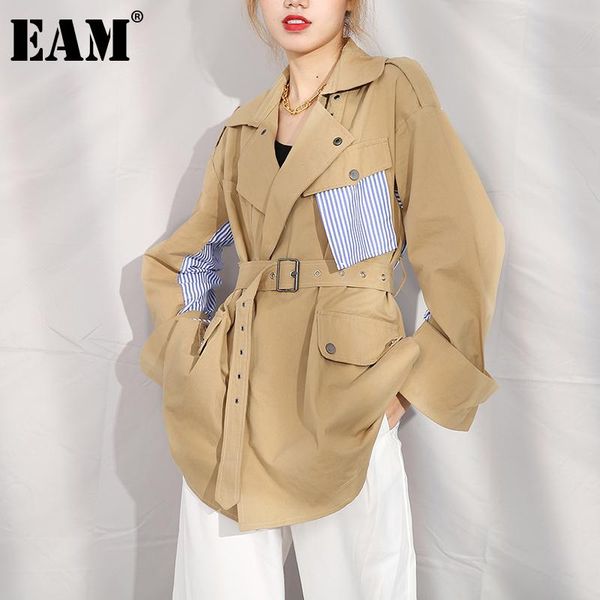 

[eam] loose fit khaki striped split big size jacket lapel long sleeve women coat fashion tide spring autumn 2021 wj08504 women's jacket, Black;brown
