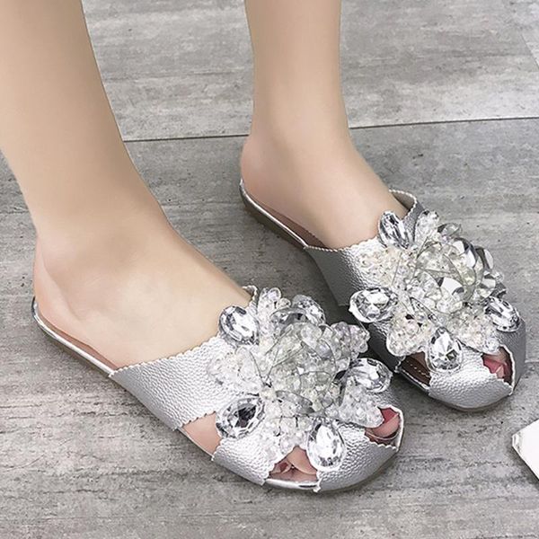 

summer women slippers nice fashion crystal flat shoes hollow slides beach casual, Black