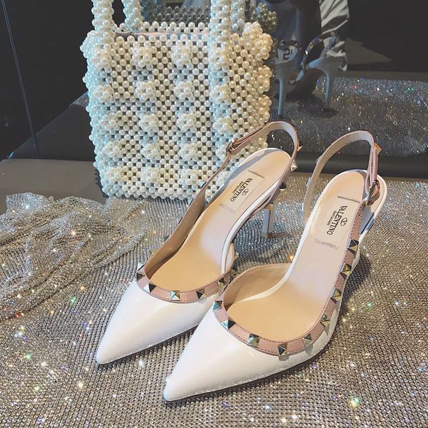 

2021 vt women shoes high heeled baotou sandals pointed thin heel rivet one line buckle leather zlh, Black