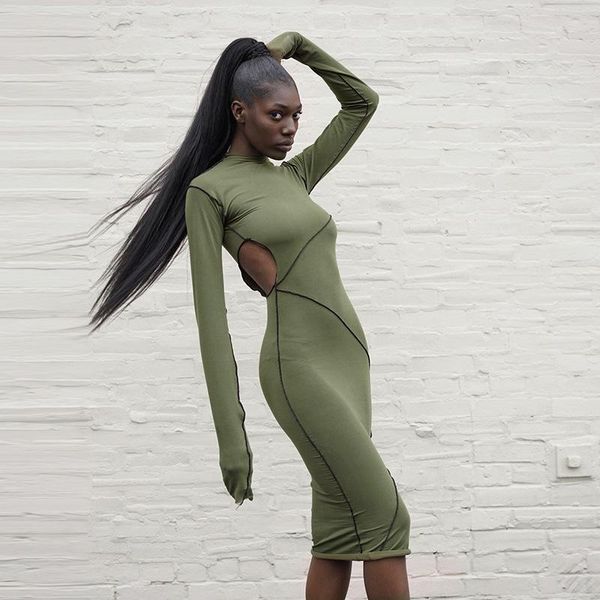 

casual dresses women autumn long sleeve bodycon patchwork solid color green midi dress 2021 fall female wholesale clothes streetwear, Black;gray