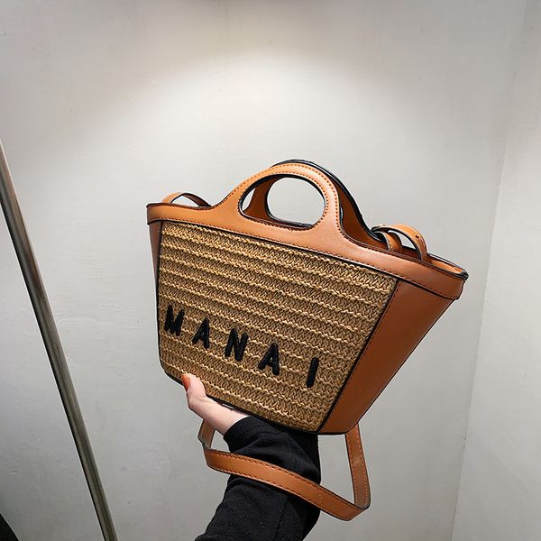 

handbag net red same letter splicing bag women's hand tote bag summer 2021 straw one shoulder messenger