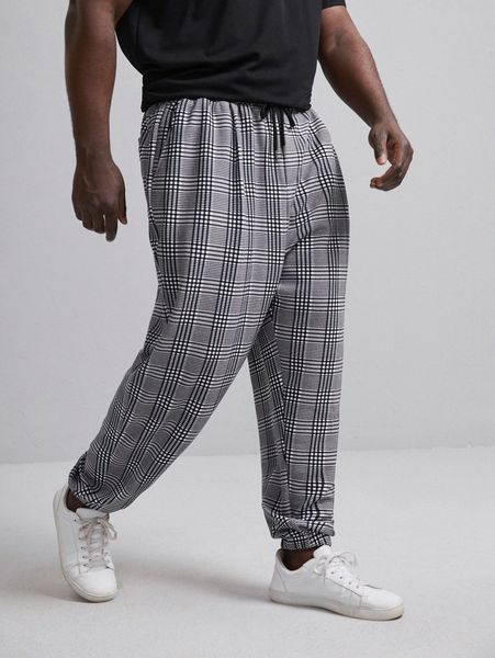 

extended sizes men plaid drawstring waist pants 28pv#, Black