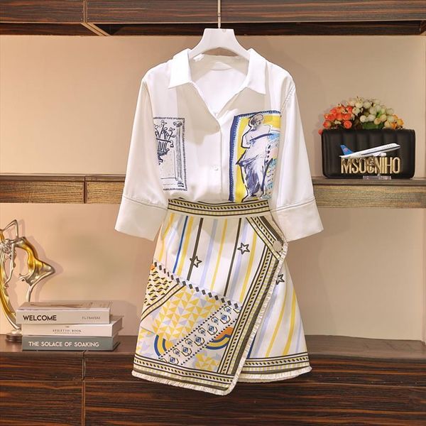 

2 pieces sets women tracksuits single breasted short sleeve shirt irregular tassels skirt suit summer female clothes set, Gray