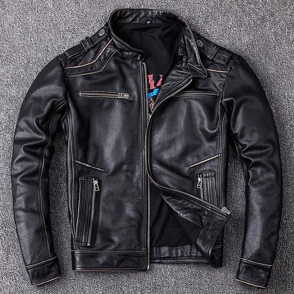 

men's leather & faux distressed jacket men vintage motorcycle jackets 100% natural cowhide motorbiker coat autumn asian size m202, Black
