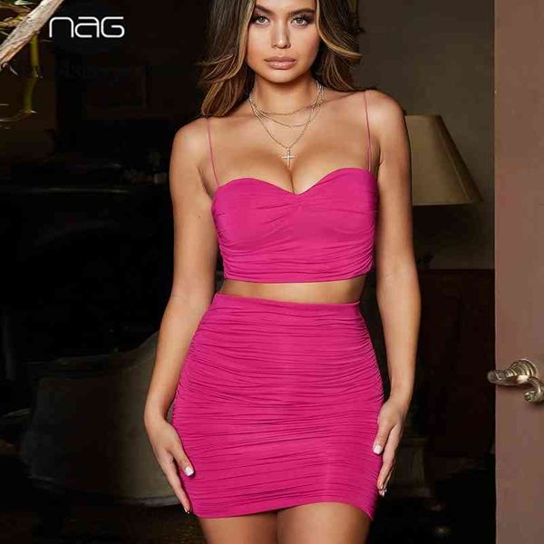 

newasia 2 layers ruched two piece set pink outfits set crop and mini skirt set summer party wear two piece outfits 210330, White