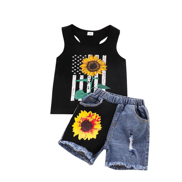 

clothing sets summer kids girl set tracksuit sunflower print round neck camisole+ denim shorts with pockets for girls 18 months- 6 years, White
