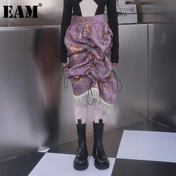 

[eam] jacquard irregular drawstring tassels high waist half-body skirt women fashion tide spring autumn 2021 1dd3364 skirts, Black