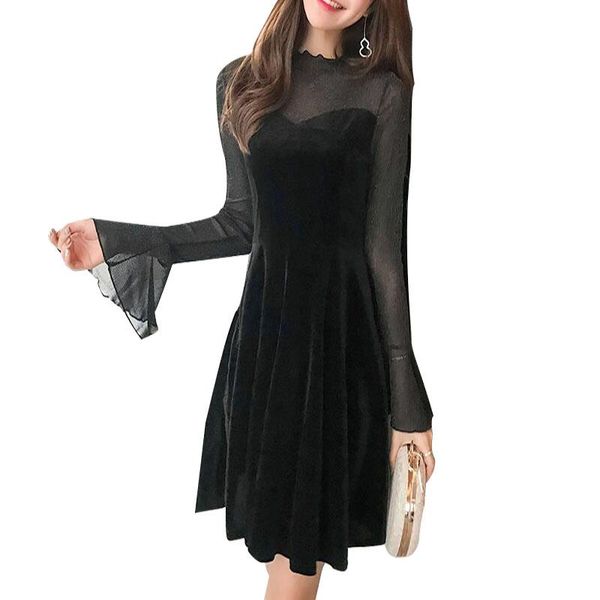 

autumn elegant golden velvet dresses long sleeve o-neck a-line dress slim mid-long ss754 casual, Black;gray