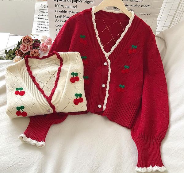 

women's knits & tees embroidered v-neck cardigans knit wear sleeve short mujer chaqueta cherry sweaters women 2021 autum winter, White