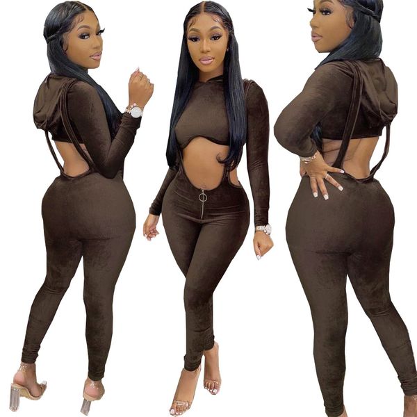 

solid color brushed crop hoodie & bodycon suspender pants women two piece outfits autumn casual tracksuits g9st, Gray