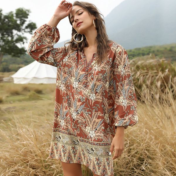 

2020 new summer casual women lantern sleeve bohemian print v neck mini dress, Black;gray