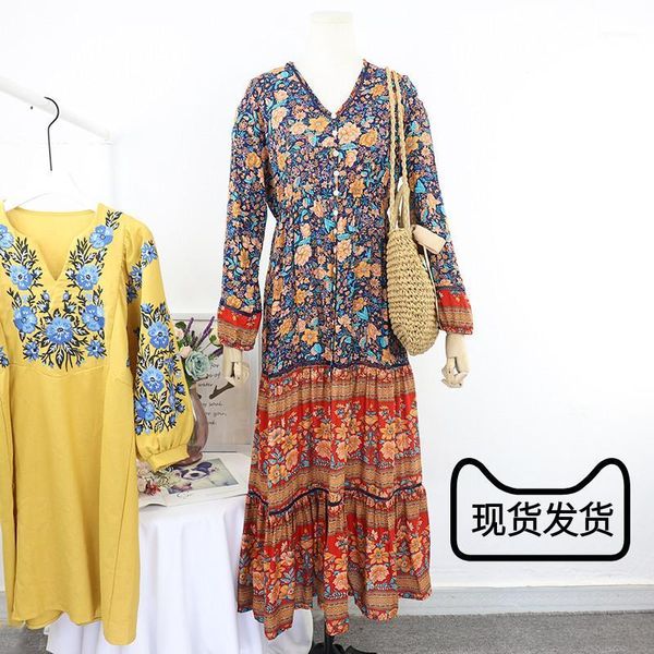 

casual dresses superaen national style 2021 spring seaside holiday split lantern sleeve v neck printed big swing for women, Black;gray