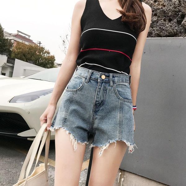 

loose-fitting light blue women denim short skirt thin shorts tassel for women's, White;black