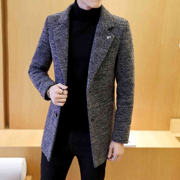 

men's trench coats autumn/winter thin solid woolen blend coat male mid-long windbreaker cotton warm jacket overcoat -3xl grey cloth, Tan;black