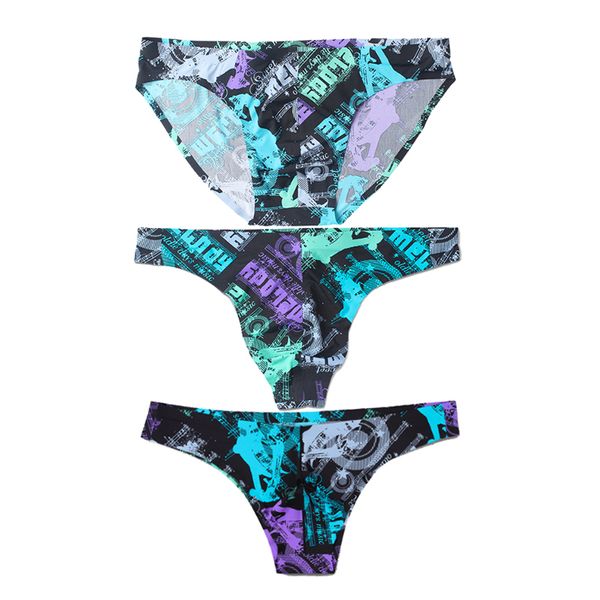 

mens seamless underpants panties 3pcs ice silk briefs summer hip hop punk print pink underwear low waist casual panties quick-drying panties, Black;white
