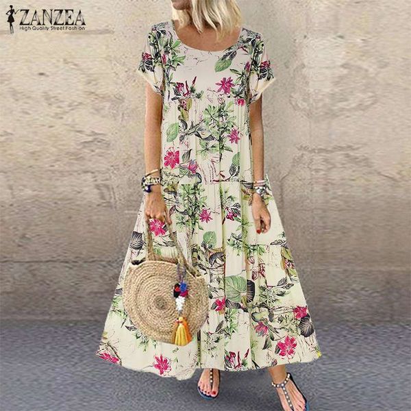 

2021zanzea 2021 summer dress women vintage floral printed short sleeve sundress ladies bohemian party long vestido robe loose dress, Black;gray