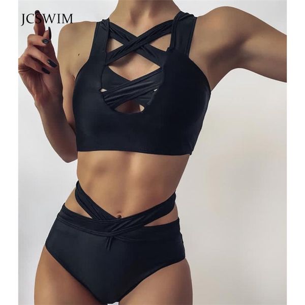 

high waist black bikini swimwear women push up 2021 hollow out bandage swimsuit two pieces bandeau swim bathing suit women's, White;black