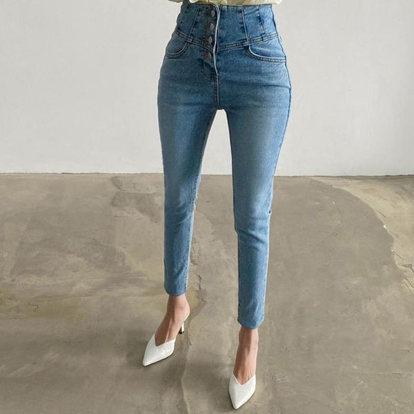 

pencil pants elastic cotton denim women jeans korean style fashion high waist single breasted slim-fit 755i 210420, Blue