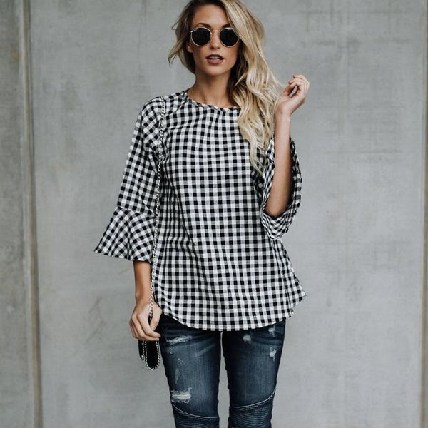 

women long sleeved round collar grid printed blouses plus-size office lady blouse shirt 2021 autumn women's & shirts, White