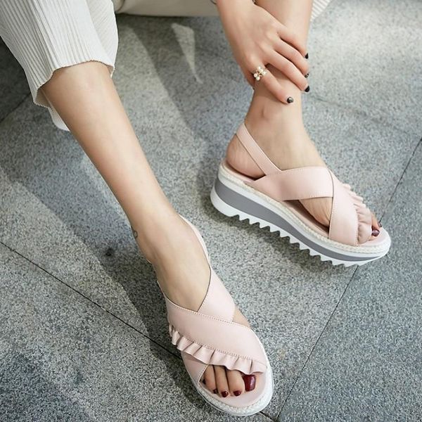 

women genuine leather sandals real sheepskin flat platform ladies shoes cross tied ruffles casual comfort footwear 2021, Black