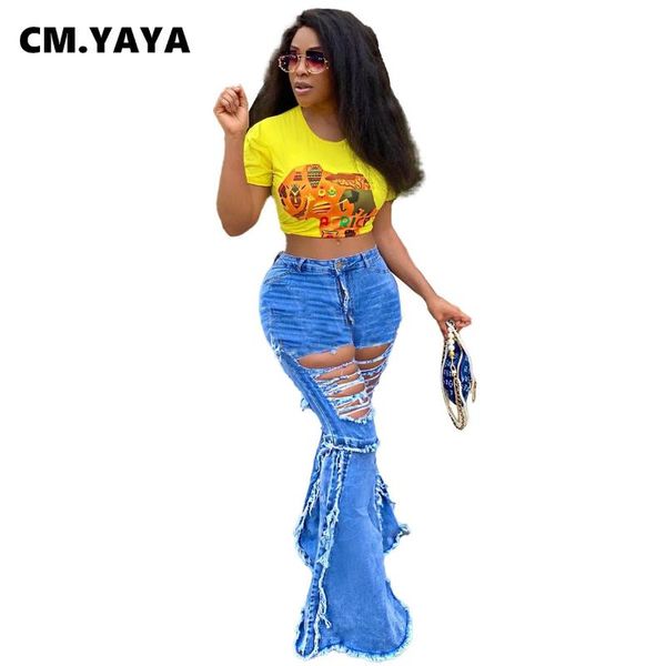 

cm.yaya women ripped flare denim pants elegant bellbottom ruffles patchwork jeans trousers street hollow out lady jean women's, Blue
